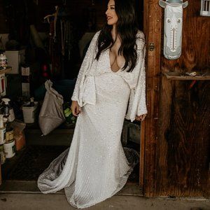 ASOS Edition Lennox sequin blouson sleeve wedding dress with train in ivory